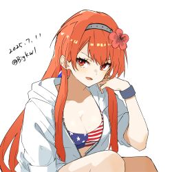 1girl absurdres american_flag american_flag_bikini american_flag_print bigkwl bikini breasts cleavage dated flag_print flag_print_bikini grey_hairband hair_down hairband highres hood hooded_jacket jacket kantai_collection knees medium_breasts nevada_(kancolle) nevada_kai_(kancolle) nevada_kai_mod.2_(swimsuit)_(kancolle) orange_hair print_bikini red_eyes simle simple_background sitting solo swimsuit twitter_username upper_body white_background white_jacket wristband