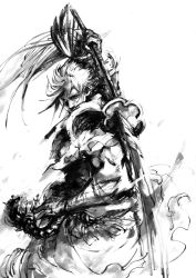 1boy greyscale highres jawaco maeda_keiji maeda_keiji_(sengoku_basara) male_focus monochrome sengoku_basara solo sword weapon