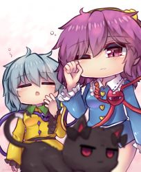 2girls :3 animal_ears black_ribbon blue_hair blue_shirt blush breasts cat_ears cat_tail closed_eyes covering_privates frilled_shirt_collar frilled_sleeves frills hair_between_eyes highres kaenbyou_rin kaenbyou_rin_(cat) komeiji_koishi komeiji_satori light_blue_hair long_sleeves medium_breasts multiple_girls multiple_tails nekomata one_eye_closed open_mouth pink_eyes pink_hair red_eyes ribbon shirt short_hair siblings sisters skirt spiral squeans tail third_eye touhou two_tails unime_seaflower unworn_skirt wide_sleeves yawning yellow_shirt