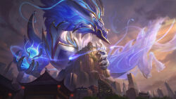 Rule 34 | absurdres, aurelion sol (league of legends), bird, building, city, claws, dragon, eastern dragon, film grain, francis tneh, glowing, glowing eyes, gold trim, highres, league of legends, long hair, looking to the side, magic, mountain, no humans, official alternate costume, official art, orb, outdoors, porcelain, porcelain aurelion sol, scales, skyscraper, sunset, temple, too many, too many birds, tree, west studio, wide shot