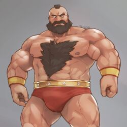 Rule 34 | 1boy, abs, bara, beard, bulge, chest hair, commentary request, commission, facial hair, kuki1210, looking at viewer, male focus, male underwear, multiple scars, muscular, muscular male, nipples, pectorals, red male underwear, scar, scar on arm, scar on leg, skeb commission, street fighter, topless male, twitter username, underwear, zangief