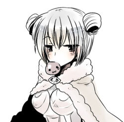 1girl :3 ark_kan black_eyes blush breasts brown_cape cape double_bun dress fur-trimmed_cape fur_trim grey_dress grey_hair grey_theme hair_bun high_wizard_(ragnarok_online) looking_at_viewer lowres medium_breasts poring ragnarok_online short_hair simple_background solo upper_body white_background