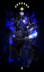 Rule 34 | absurdres, armor, black armor, black background, black cloak, blue fire, cloak, diamond (shape), fake horns, fate/grand order, fate (series), fire, fui (fui29493452), glowing, glowing eyes, highres, holding, holding shield, holding sword, holding weapon, horns, king hassan (fate), looking at viewer, mask, original, shadow, shield, skull, skull mask, spikes, star (symbol), star symbol background, sword, weapon