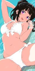 1girl bare_shoulders bikini black_hair blush breasts chitanda_eru frilled_bikini_top highres hyouka long_hair navel ocean open_mouth ponytail purple_eyes side-tie_bikini_bottom small_breasts stomach swimsuit teeth upper_teeth_only white_bikini xel4