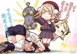 3girls :3 alternate_costume alternate_hairstyle argyle_clothes argyle_thighhighs bangs_pinned_back beret bikini black_footwear black_shorts blonde_hair blue_eyes blue_ribbon blunt_bangs blush boots bow braid breasts brown_hair buru-dai buttons closed_eyes closed_mouth collared_shirt dot_nose double-breasted dress_shirt french_braid frilled_gloves frilled_shirt frills full_body gloves green_jacket grey_jacket grey_skirt hair_bun hair_ornament hair_rings hairclip hat high_heel_boots high_heels highres holding hololive hood hooded_jacket hook horns indie_virtual_youtuber jacket kneehighs loafers long_sleeves loungewear miniskirt multiple_girls navel neck_ribbon official_alternate_costume official_alternate_hairstyle oozora_subaru oozora_subaru_(starlight) orange_bikini pinstripe_jacket pinstripe_pattern pinstripe_skirt pleated_skirt pom_pom_(clothes) pom_pom_hair_ornament purple_eyes red_headwear red_sailor_collar red_socks ribbon sailor_collar school_uniform shadow sheep_girl sheep_horns shigure_ui_(vtuber) shigure_ui_(vtuber)_(1st_costume) shirt shoes short_hair shorts side_braids signature single_hair_bun skirt socks stomach striped_clothes striped_jacket striped_skirt suspenders sweat sweatdrop swept_bangs swimsuit teeth thighhighs tsunomaki_watame tsunomaki_watame_(loungewear) undershirt vertical-striped_clothes vertical-striped_jacket vertical-striped_skirt virtual_youtuber watercolor_background white_gloves white_shirt white_thighhighs yellow_bow