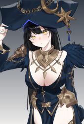 1girl arm_up black_hair blue_dress blue_hat breasts cleavage closed_mouth collar commentary_request commission cowboy_shot dress gradient_background hand_on_headwear hat highres korean_commentary large_breasts long_hair looking_at_viewer naga_(arca_live) original pelvic_curtain solo very_long_hair witch_hat yellow_eyes