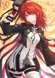1girl absurdres ahoge arknights arm_up black_gloves black_jacket black_shorts character_name closed_mouth cowboy_shot exusiai_(arknights) exusiai_the_new_covenant_(arknights) fingerless_gloves gloves hair_between_eyes highres jacket looking_at_viewer medium_hair pingdiguo red_hair shirt shorts smile solo standing thigh_strap thighhighs watermark white_shirt white_thighhighs yellow_eyes zipper