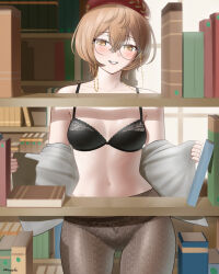 1girl beret black_bra blush book bookshelf bra breasts brown_eyes brown_hair brown_pantyhose clio_aite commentary english_commentary glasses hat highres looking_at_viewer mayade_art medium_breasts medium_hair navel panties panties_under_pantyhose pantyhose phase_connect round_eyewear scar scar_across_eye scar_on_face solo underwear virtual_youtuber