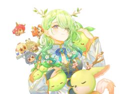 6+girls anversailles aqua_gemstone blue_dress blue_gloves blue_hair braid braided_bangs breasts brown_hair ceres_fauna ceres_fauna_(1st_costume) chibi cleavage colored_inner_hair commentary dark-skinned_female dark_skin dress english_commentary gem gloves green_hair green_nails hair_between_eyes hair_branch hakos_baelz highres hololive hololive_english irys_(hololive) lace lace-trimmed_dress lace_trim large_breasts looking_at_viewer medium_hair mole mole_under_eye multicolored_hair multiple_girls nanashi_mumei nemu_(ceres_fauna) ouro_kronii ponytail purple_hair red_hair sapling_(ceres_fauna) simple_background tsukumo_sana twintails virtual_youtuber white_background white_hair yellow_eyes