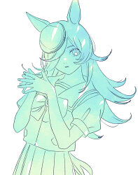 1girl absurdres animal_ears green_theme hair_over_one_eye hat highres horse_ears horse_girl horse_tail long_hair monochrome oomiya_io own_hands_together parted_lips pleated_skirt rice_shower_(umamusume) sailor_collar school_uniform serafuku short_sleeves simple_background skirt solo tail tilted_headwear tracen_school_uniform umamusume white_background