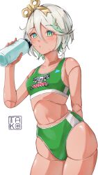 1girl absurdres alternate_costume arm_behind_back blush bottle braid breasts buruma cecilia_immergreen colored_inner_hair cowboy_shot doll doll_joints double-parted_bangs fortissimo green_buruma green_eyes green_hair hair_between_eyes hair_ornament hand_up highleg highleg_buruma highres holding holding_bottle hololive hololive_english joints long_hair_between_eyes looking_at_viewer midriff multicolored_hair musical_note musical_note_hair_ornament short_hair side_braid simple_background single_braid small_breasts solo sports_bra takoroki virtual_youtuber white_background winding_key