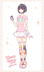 1girl bare_arms black_hair blunt_ends bob_cut border bracelet brown_eyes character_print commentary_request dot_nose expressionless frilled_skirt frills full_body grey_border high_heels holding holding_wallet jewelry looking_ahead miniskirt nishimura_eri original parted_lips pink_shirt pink_shoes pumps shirt shoes short_hair short_sleeves skirt solo sparkle standing striped_border t-shirt thighhighs wallet white_background white_skirt yellow_thighhighs