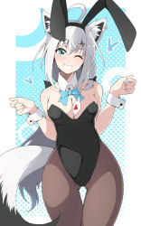 1girl ace_(playing_card) ace_of_hearts ahoge animal_ear_fluff animal_ears aqua_eyes between_breasts black_leotard black_ribbon blush bow bowtie braid breasts card commission cowboy_shot detached_collar ear_piercing earrings fake_animal_ears fox_ears fox_girl fox_tail gluteal_fold hair_between_eyes hair_ribbon heart highres hololive jewelry leotard long_hair looking_at_viewer low_ponytail medium_breasts nel-c one_eye_closed pantyhose piercing playboy_bunny playing_card ponytail rabbit_ears ribbon shirakami_fubuki side_braid sidelocks single_braid single_earring skeb_commission smile solo strapless strapless_leotard tail thigh_gap thighs virtual_youtuber white_hair wrist_cuffs