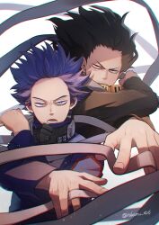 2boys aizawa_shota bags_under_eyes black_hair black_shirt bloodshot_eyes blue_track_suit blurry blurry_foreground boku_no_hero_academia bright_pupils chromatic_aberration clothes_grab commentary_request depth_of_field facial_hair film_grain fingernails floating_hair floating_scarf forehead foreshortening furrowed_brow goggles goggles_around_neck hair_slicked_back hands_up high_collar highres long_hair long_scarf long_sleeves looking_at_viewer lower_teeth_only male_focus mask mask_around_neck mouth_mask multiple_boys nakamu_405 open_mouth outstretched_arm outstretched_hand partial_commentary pixiv_username purple_eyes purple_hair sanpaku scar scar_on_face scarf shadow shinso_hitoshi shirt short_hair simple_background stubble symmetrical_hand_pose teeth track_suit twitter_username u.a._gym_uniform upper_body v-shaped_eyebrows white_background white_pupils white_scarf