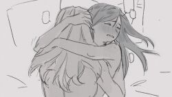 2girls arms_around_neck closed_eyes commentary fujino_shizuru greyscale guri_gom hug kuga_natsuki monochrome multiple_girls my-hime nude parted_lips pillow shoulder_blush symbol-only_commentary yuri