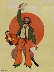 2boys animated animated_gif artist_name beard black_footwear black_hair bomber_jacket boots brown_hair cactired chest_hair commentary disco_elysium english_commentary facial_hair glasses green_footwear harry_du_bois holding holding_paper jacket kim_kitsuragi male_focus multiple_boys mustache mutton_chops necktie orange_jacket orange_pants pants paper scratching_head shirt short_hair standing white_shirt