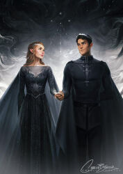 1boy 1girl a_court_of_thorns_and_roses_(series) artist_logo artist_name black_dress black_hair black_pants black_shirt brown_hair cape charlie_bowater commentary dress english_commentary feyre_archeron hair_ornament hand_tattoo holding_hands jewelry logo long_hair long_sleeves looking_at_another night pants realistic rhysand_(acotar) shirt short_hair signature smile standing tattoo