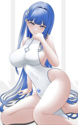 1girl arcana_(nikke) blue_hair breasts china_dress chinese_clothes commentary dress earrings goddess_of_victory:_nikke grey_eyes hair_intakes hair_ornament highres jewelry large_breasts long_hair looking_at_viewer piercing sazervw simple_background smile solo thighs very_long_hair white_background white_dress