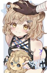 1girl animal_ears arm_tattoo bare_shoulders black_choker black_gloves black_shirt black_shorts blue_nails blush brown_eyes brown_hair chain chain_necklace choker criss-cross_halter fingerless_gloves gem gloves hair_ornament hairclip halterneck hazumi_aileen headpat highres indie_virtual_youtuber jewelry lion_cub lion_ears lion_girl lion_tail looking_at_viewer messy_hair necklace parted_bangs purple_gemstone purple_nails shirt short_hair shorts tail tattoo virtual_youtuber yunatie0