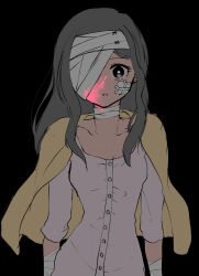 1girl ace_attorney ace_attorney_investigations ace_attorney_investigations_2:_prosecutor&#039;s_gambit bandaged_arm bandaged_head bandages bandaid black_hair blanket female_focus highres kay_faraday one_eye_covered pajamas pink_pajamas solo solo_focus spoilers xmartieisgood