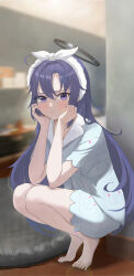 1girl absurdres blue_archive blue_pajamas blurry blurry_background blush f.tgc feet full_body hairband halo highres long_hair looking_at_viewer mechanical_halo pajamas purple_eyes purple_hair solo tiptoes toenails toes yuuka_(blue_archive) yuuka_(pajamas)_(blue_archive)