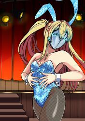 1boy absurdres alien_stage animal_ears bare_shoulders blonde_hair crossdressing fake_animal_ears fishnet_pantyhose fishnets highres hoshino_aquamarine izuru_planetes leotard long_hair mask oshi_no_ko pantyhose playboy_bunny solo stage stairs standing strapless strapless_leotard trap twintails wrist_cuffs