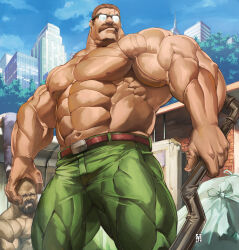 3boys alley biceps broad_shoulders brown_eyes brown_hair building city facial_hair final_fight glasses grabbing_another&#039;s_head green_pants holding holding_lead_pipe itadori_shuu lead_pipe looking_up male_focus mike_haggar multiple_boys muscular muscular_arms muscular_male mustache pants pectorals short_hair thick_neck topless_male