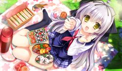 1girl animal bird blush food game_cg hayakawa_harui highres light_purple_hair long_hair school_uniform shoujo_shin&#039;iki_shoujo_tengoku takagi_sana yellow_eyes