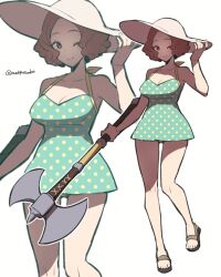 Rule 34 | 1girl, ;), axe, breasts, brown eyes, brown hair, do m kaeru, dress, hat, holding, holding axe, large breasts, looking at viewer, okumura haru, one eye closed, persona, persona 5, sandals, short dress, short hair, sleeveless, sleeveless dress, smile, solo, sun hat, twitter username, white background, zoom layer