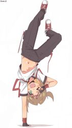 &gt;_o 1girl ;d alternate_costume artist_name bambi2000line bare_arms black_gloves black_pants blush breasts bright_pupils brown_hair casual colored_inner_hair commentary fang fingerless_gloves full_body gloves green_eyes hair_intakes handstand headband highres multicolored_hair navel oka_asahi one_arm_handstand one_eye_closed onii-chan_wa_oshimai! open_mouth orange_hair pants red_headband red_shoes shirt shoes short_hair short_sleeves simple_background small_breasts smile solo stomach tasuki two-tone_hair two_side_up underboob upside-down v v_over_eye white_background white_shirt