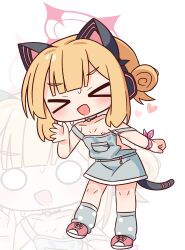 &gt;_&lt; 1girl :d animal_ear_headphones animal_ears bare_shoulders blonde_hair blue_archive blush breasts chibi closed_eyes collarbone facing_viewer fake_animal_ears grey_socks hair_bun halo hana_kazari hand_up headphones heart highres loli momoi_(blue_archive) multiple_views nipples o_o open_mouth overall_skirt pink_shoes polka_dot_socks shoes simple_background single_side_bun small_breasts smile socks strap_slip sweat tail white_background xd zoom_layer