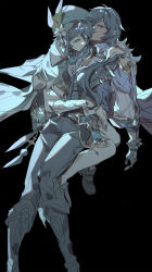Rule 34 | 2boys, aqua eyes, aqua hair, belt, beret, black background, black gloves, black hair, black pants, blue eyes, blue hair, blue jacket, braid, cape, closed mouth, couple, dark-skinned male, dark skin, earrings, feet out of frame, flower, frilled sleeves, frills, genshin impact, gloves, gradient hair, green cape, green headwear, hat, hat flower, hat ornament, highres, jacket, jewelry, kaeya (genshin impact), lapels, long sleeves, male focus, multicolored hair, multiple boys, pants, pantyhose, shirt, sideways glance, simple background, sitting, sitting on person, sleeves past wrists, spiked gloves, tkt (tango 0906), twin braids, venti (genshin impact), vision (genshin impact), white pantyhose, white shirt, yaoi