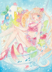 1girl absurdres amu_(m_aa) anklet apple_rabbit bead_anklet bead_bracelet beads bikini blonde_hair blue_eyes bow bracelet breasts cherry cleavage commentary flower food food_art foot_out_of_frame fruit full_body hair_flower hair_ornament hibiscus high_heels highres jewelry kiwi_(fruit) kiwi_slice long_hair looking_at_viewer navel one_eye_closed open_mouth orange_(fruit) orange_slice original painting_(medium) plaid_bikini plaid_clothes red_bikini red_bow red_flower red_sandals sandals shaved_ice sitting small_breasts smile solo star_(symbol) strawberry strawberry_slice swimsuit symbol-only_commentary traditional_media twintails umbrella_octopus watercolor_(medium)