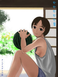 1girl breasts female_focus food fruit holding holding_food holding_fruit holding_watermelon mimura_kaoru nipple_slip nipples short_hair sideboob sitting small_breasts smile solo tungsten&#039;s_song watermelon