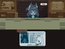 1girl animal_ears cat_ears character_name commentary crt cursor emico_otero english_commentary english_text gameplay_mechanics height_chart height_mark highres id_card indie_virtual_youtuber jacket looking_at_viewer papers_please parody sameko_saba short_hair sign solo virtual_youtuber
