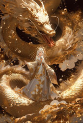Rule 34 | 1girl, 2024, absurdres, chinese zodiac, dragon, eastern dragon, fantasy, gold skin, happy new year, highres, horns, japanese clothes, kimono, long hair, long sleeves, mizuiro abokado, nengajou, new year, open mouth, original, wide sleeves, year of the dragon