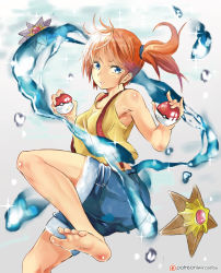 1girl absurdres artist_name bare_shoulders barefoot blue_eyes blue_shorts breasts collarbone creatures_(company) crop_top denim denim_shorts eyelashes feet female_focus game_freak gen_1_pokemon hair_between_eyes hair_ornament hair_tie highres holding midriff mirco_gravina misty_(pokemon) nintendo orange_hair patreon patreon_username pink_lips poke_ball pokemon pokemon_(anime) pokemon_(creature) shirt short_hair short_shorts shorts side_ponytail signature sleeveless sleeveless_shirt small_breasts smile soles solo starmie staryu stomach suspenders toes water