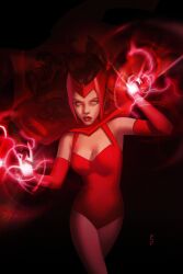 1girl brown_hair cape elbow_gloves gloves highres leotard long_hair looking_at_viewer magic marvel marvel_cinematic_universe pantyhose red_cape red_eyes red_gloves red_leotard red_lips red_pantyhose scarlet_witch scott_forbes solo superhero_costume wanda_maximoff wandavision