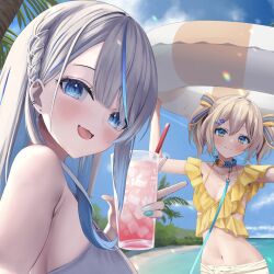 2girls :d amagai_ruka appare_hinata arale_(ara1e) arms_up beach bikini blonde_hair blue_collar blue_eyes blue_hair blue_sky braid center-flap_bangs cloud collar commentary_request cup day grey_bikini grey_hair highres holding holding_cup holding_swim_ring innertube leash limited_palette long_hair looking_at_viewer multicolored_hair multiple_girls navel ocean open_mouth outdoors short_hair side_braid sky smile streaked_hair swim_ring swimsuit twintails v virtual_youtuber weather_planet yellow_bikini