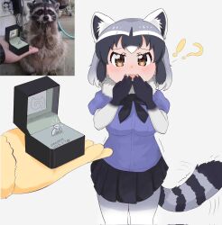 !? 2girls animal_ears black_bow black_bowtie blue_sweater blush bow bowtie common_raccoon_(kemono_friends) covering_own_mouth cowboy_shot elbow_gloves embarrassed extra_ears fang female_pov fennec_(kemono_friends) fur_collar gloves grey_gloves grey_hair grey_pantyhose hair_between_eyes highres japari_symbol jewelry kemono_friends multicolored_gloves multicolored_hair multicolored_pantyhose multiple_girls open_mouth orange_eyes pantyhose photo-referenced photo_inset pov puffy_short_sleeves puffy_sleeves raccoon_ears raccoon_girl raccoon_tail ring short_hair short_sleeves sidelocks sweater tail travellerll wedding_ring white_fur white_hair yellow_gloves