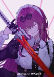 1girl alternate_costume artist_name black_gloves black_necktie breasts closed_mouth collared_shirt enmaided glasses gloves half_gloves highres holding holding_sword holding_weapon honkai:_star_rail honkai_(series) kafka_(honkai:_star_rail) katana large_breasts long_hair looking_at_viewer maid maid_headdress missing_commentary necktie pince-nez purple_eyes purple_hair round_eyewear shirt smile solo srpzk sunglasses sword upper_body very_long_hair weapon white_shirt