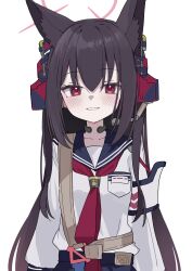 1girl absurdres animal_ear_fluff animal_ears armband ascot black_hair blue_archive blue_sailor_collar blue_skirt blush fox_ears fox_girl hair_between_eyes halo headphones highres inaba_reito long_hair looking_at_viewer pink_halo red_ascot red_eyes sailor_collar shirt skirt smile solo white_armband white_shirt yukino_(blue_archive)