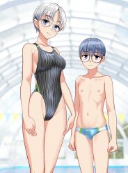 1boy 1girl absurdres age_difference black_one-piece_swimsuit breasts collarbone commentary_request competition_swimsuit covered_navel glasses green_eyes grey_hair grey_male_swimwear highleg highleg_one-piece_swimsuit highres indoors male_swimwear medium_breasts mole mole_under_eye multicolored_male_swimwear one-piece_swimsuit onee-shota original parted_lips standing striped_clothes striped_one-piece_swimsuit swim_briefs swimsuit takafumi variant_set