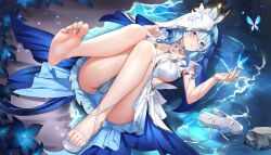 1girl absurdres artist_request blue_hair blue_nails blue_panties breasts closed_mouth feet highres large_breasts long_hair looking_at_viewer lying nail_polish otakueden1995 panties purple_eyes pussy see-through_clothes see-through_panties shorekeeper_(wuthering_waves) smile soles solo thighs toenail_polish toenails toes underwear wuthering_waves
