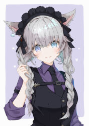 1girl animal_ears aqua_eyes black_necktie blue_eyes braid cat_ears cat_girl chest_belt collared_shirt earrings facial_mark final_fantasy final_fantasy_xiv grey_hair heterochromia highres jewelry looking_at_viewer maid_headdress miqo&#039;te necktie purple_shirt reshia_(reshia_ss) shirt single_earring solo twin_braids upper_body vest waistcoat warrior_of_light_(ff14) whisker_markings