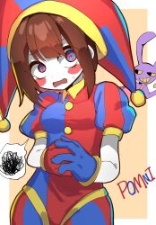 Rule 34 | 1boy, 1girl, asymmetrical gloves, blue eyes, blue gloves, blush stickers, brown hair, colored skin, gloves, hat, highres, jax (the amazing digital circus), jester, jester cap, mismatched gloves, multicolored eyes, pomni (the amazing digital circus), purple skin, red eyes, red gloves, short hair, striped clothes, striped headwear, the amazing digital circus, two-tone eyes, user hzja2454, vertical-striped clothes, vertical-striped headwear