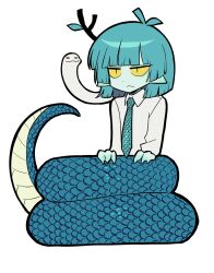 Rule 34 | 1girl, :&lt;, animal, antlers, black eyes, blue hair, blue necktie, blue skin, claws, colored sclera, colored skin, commentary request, full body, highres, horns, kakke666, korean commentary, lamia, monster girl, necktie, original, pointy ears, shirt, short hair, simple background, single antler, slit pupils, snake, solo, white background, white shirt, yellow sclera