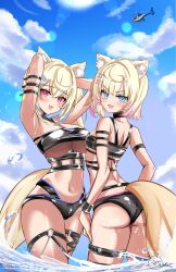 2girls aircraft animal_ear_fluff animal_ears arms_behind_head arms_up bare_shoulders bikini black_bikini blonde_hair blue_eyes blue_hair breasts cleavage cowboy_shot dog_ears dog_girl dog_tail fuwawa_abyssgard fuwawa_abyssgard_(holonatsu_paradise) helicopter highres hololive hololive_english holonatsu_paradise inokeiwd large_breasts long_hair mococo_abyssgard mococo_abyssgard_(holonatsu_paradise) multicolored_hair multiple_girls partially_submerged pink_eyes pink_hair short_hair siblings signature sisters small_breasts standing streaked_hair sunlight swimsuit tail twins two-tone_hair virtual_youtuber