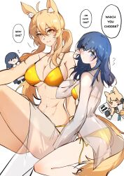 2girls abs absurdres animal_ear_fluff animal_ears arknights arya_melati bikini blonde_hair blue_eyes blue_hair blush breasts chibi collarbone commentary doctor_(arknights) english_commentary female_doctor_(arknights) gold_bikini golden_week_bikini hair_between_eyes highres holding holding_sign horse_ears horse_girl long_hair multiple_girls navel nearl_(arknights) nearl_the_radiant_knight_(arknights) ponytail side-tie_bikini_bottom sidelocks sign simple_background swimsuit white_background yellow_eyes yuri