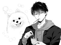 1boy character_request collarbone dog food food_in_mouth hair_between_eyes highres hood hood_down hoodie jacket long_sleeves open_clothes open_jacket original pensis_x pocky pocky_in_mouth short_hair upper_body